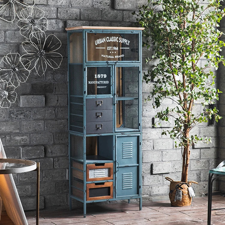 Vintage Industrial Solid Wood Cabinet with Glass Doors - Stylish Storage Solution for Home and Office Decor hdst-4312