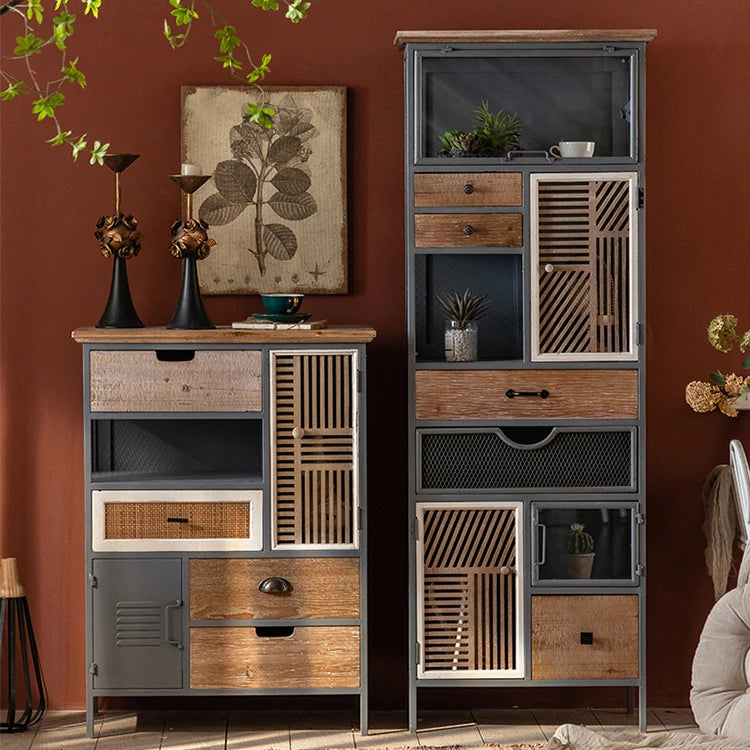 Rustic Charm Multi-Tier Cabinet with Chinese Fir & Sleek Metal Design hdst-4320