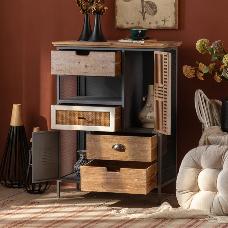 Rustic Charm Multi-Tier Cabinet with Chinese Fir & Sleek Metal Design hdst-4320