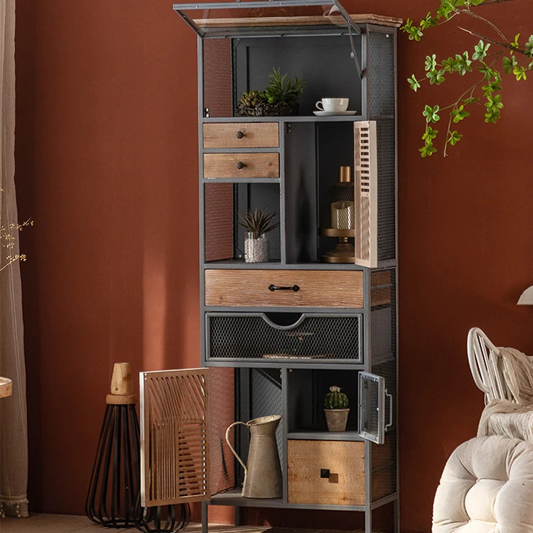 Rustic Charm Multi-Tier Cabinet with Chinese Fir & Sleek Metal Design hdst-4320
