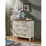Elegant Pine Wood Finish Cabinet with Floral Design – 4 Drawers Storage Chest for Home Décor hfgxc-4863