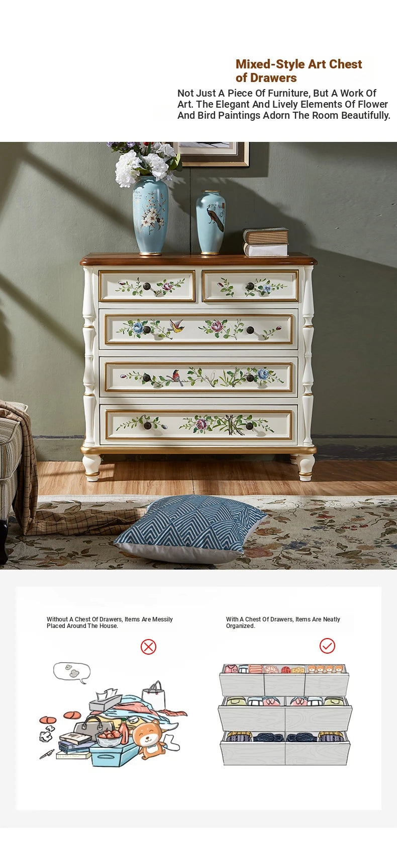 Elegant Pine Wood Finish Cabinet with Floral Design – 4 Drawers Storage Chest for Home Décor hfgxc-4863