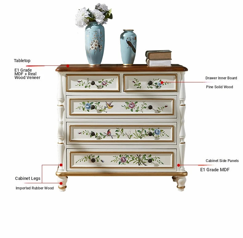 Elegant Pine Wood Finish Cabinet with Floral Design – 4 Drawers Storage Chest for Home Décor hfgxc-4863