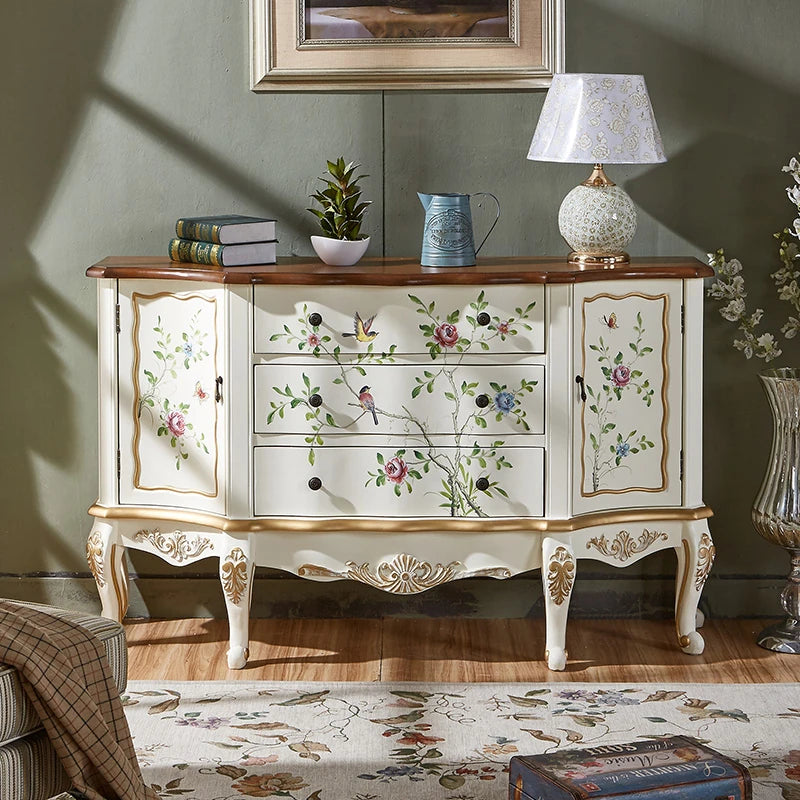 Elegant Pine Density Board Cabinet with Hand-Painted Floral Design – Vintage Storage Solution for Home Decor hfgxc-4864