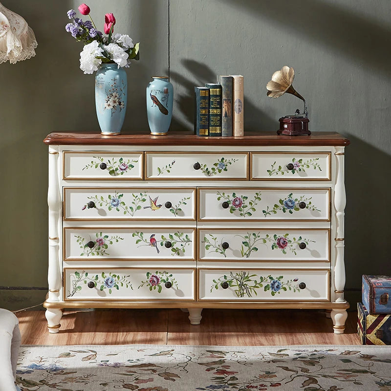 Elegant Pine Density Board Cabinet with Hand-Painted Floral Design – Vintage Storage Solution for Home Decor hfgxc-4864
