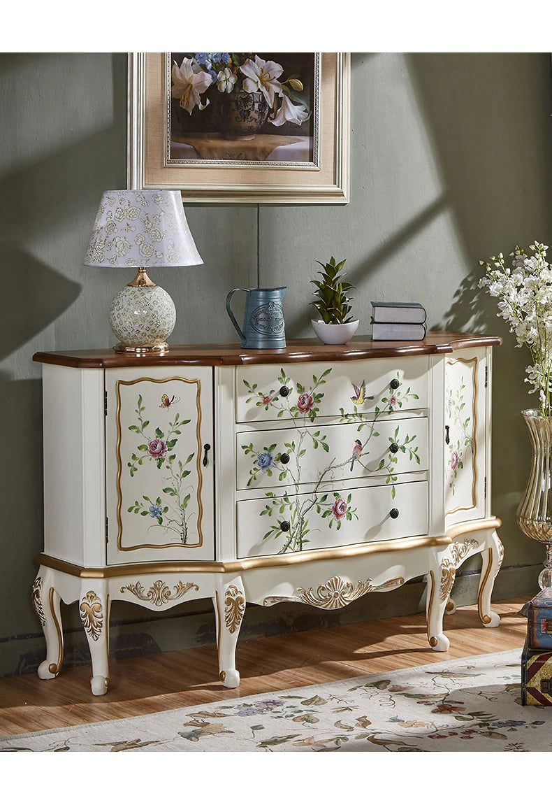 Elegant Pine Density Board Cabinet with Hand-Painted Floral Design – Vintage Storage Solution for Home Decor hfgxc-4864