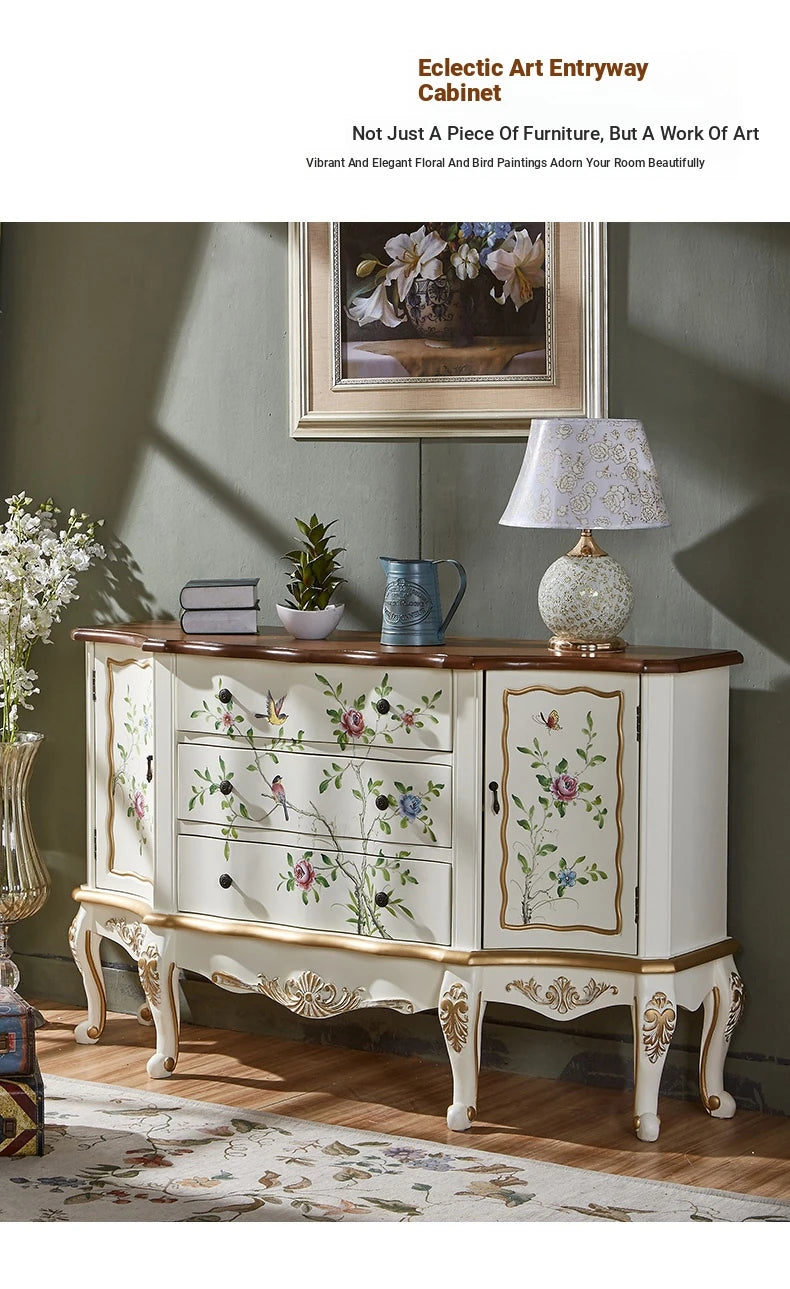 Elegant Pine Density Board Cabinet with Hand-Painted Floral Design – Vintage Storage Solution for Home Decor hfgxc-4864