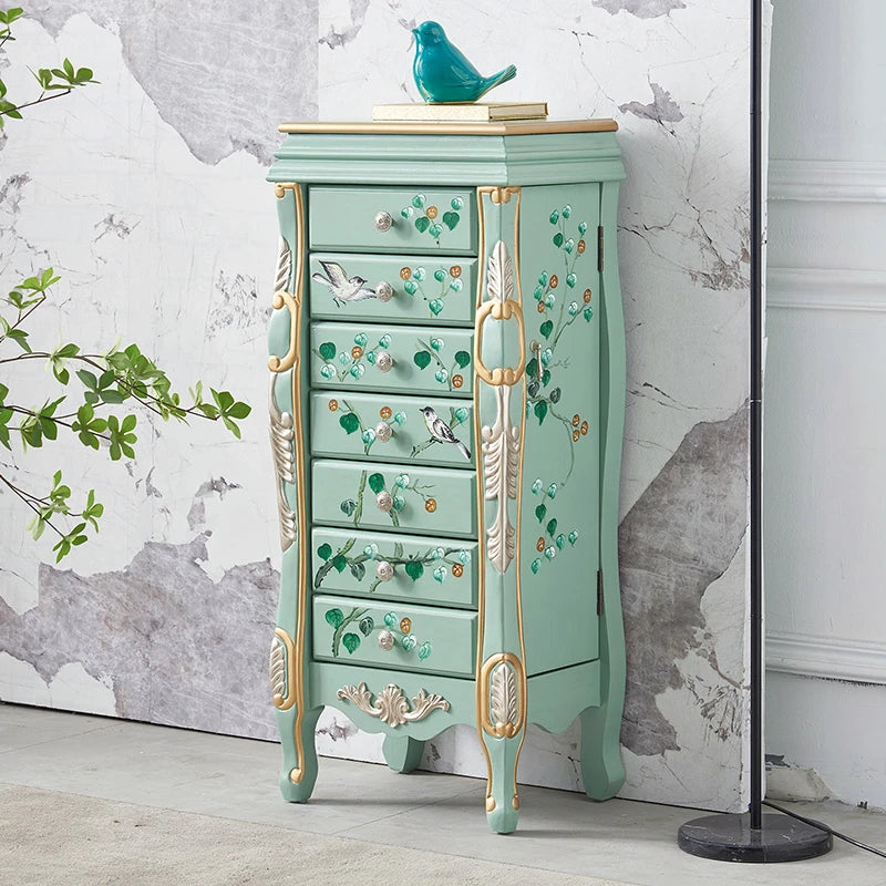 Elegant Vintage Green Cabinet with Decorative Bird and Floral Design – Stylish Storage Solution for Every Room hfgxc-4869