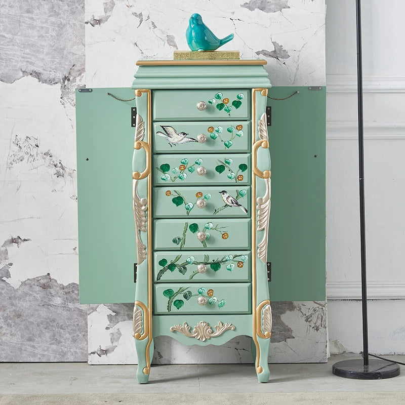 Elegant Vintage Green Cabinet with Decorative Bird and Floral Design – Stylish Storage Solution for Every Room hfgxc-4869