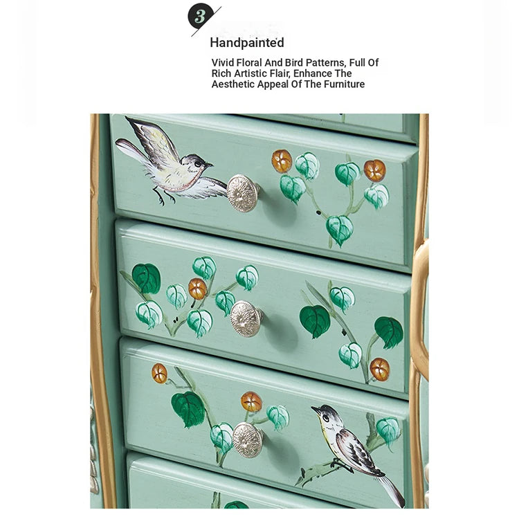 Elegant Vintage Green Cabinet with Decorative Bird and Floral Design – Stylish Storage Solution for Every Room hfgxc-4869