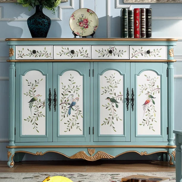 Elegant Floral Design Cabinet - Stylish Storage Solution in Graceful Blue and White Finish hfgxc-4873