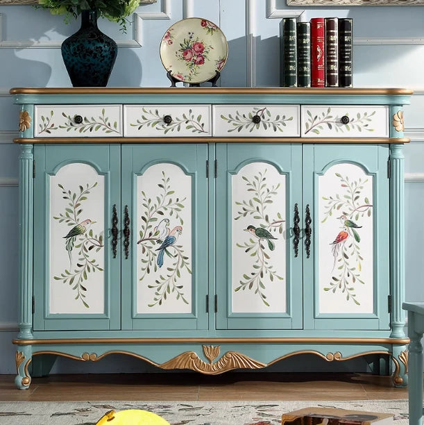 Elegant Floral Design Cabinet - Stylish Storage Solution in Graceful Blue and White Finish hfgxc-4873