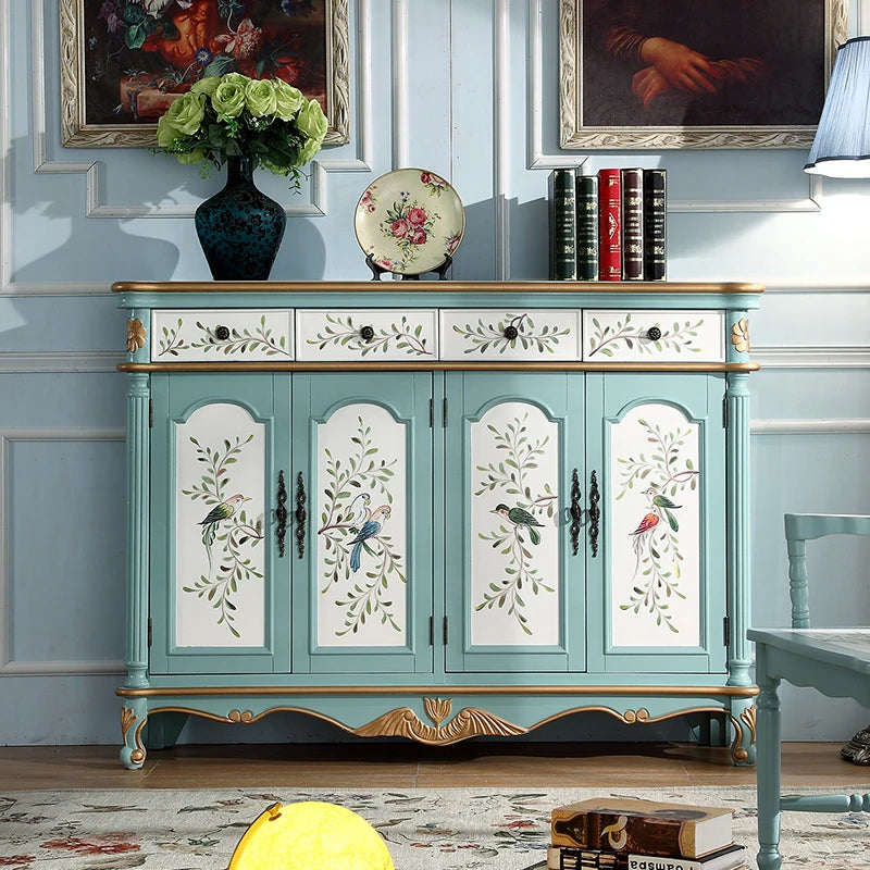 Elegant Floral Design Cabinet - Stylish Storage Solution in Graceful Blue and White Finish hfgxc-4873