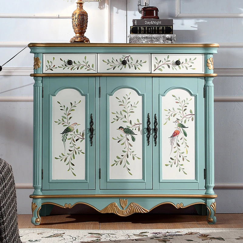 Elegant Floral Design Cabinet - Stylish Storage Solution in Graceful Blue and White Finish hfgxc-4873