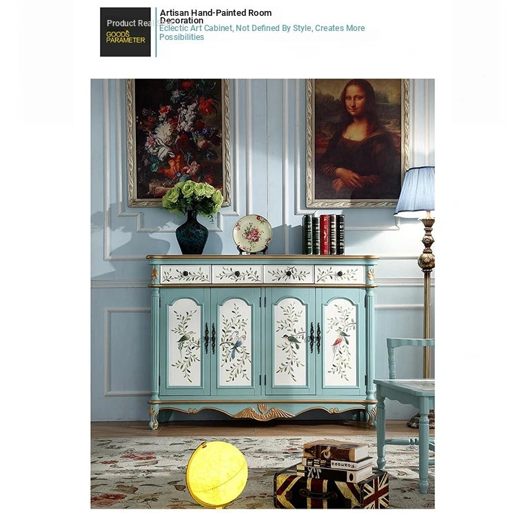 Elegant Floral Design Cabinet - Stylish Storage Solution in Graceful Blue and White Finish hfgxc-4873