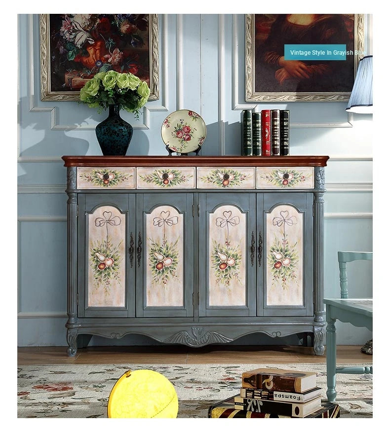 Elegant Floral Design Cabinet - Stylish Storage Solution in Graceful Blue and White Finish hfgxc-4873