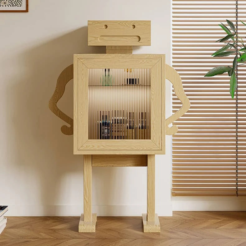 Stylish Ash Wood Glass Cabinet: Unique Robot Design for Modern Interiors hgl-4342