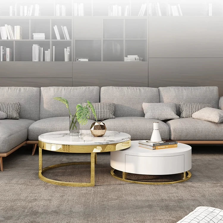 Luxurious Pine and Marble Round Tea Table - Modern Elegance for Your Living Room hgnzj-4328