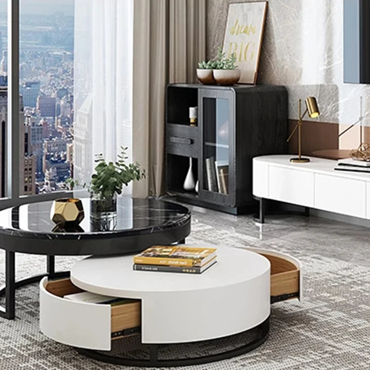 Luxurious Pine and Marble Round Tea Table - Modern Elegance for Your Living Room hgnzj-4328