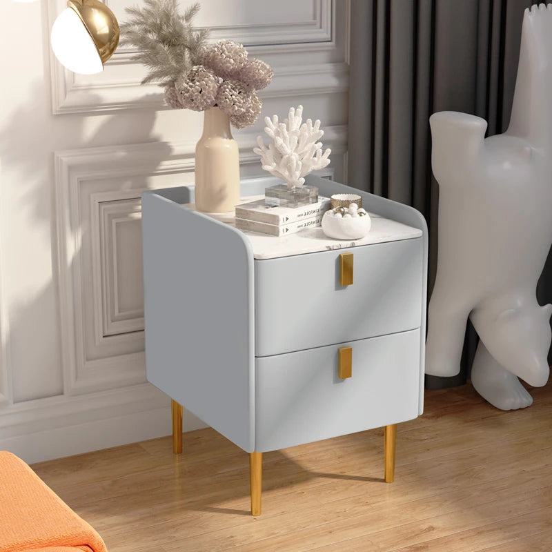 Stylish Pink and Cream Nightstand with Sintered Stone Top and Faux Leather Accents - Modern Bedroom Storage Solution hjd-3145