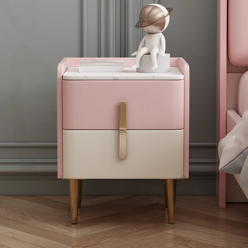 Stylish Pink and Cream Nightstand with Sintered Stone Top and Faux Leather Accents - Modern Bedroom Storage Solution hjd-3145