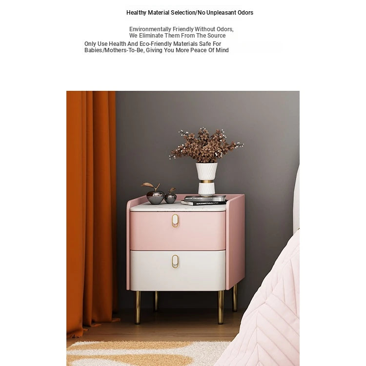 Stylish Pink and Cream Nightstand with Sintered Stone Top and Faux Leather Accents - Modern Bedroom Storage Solution hjd-3145