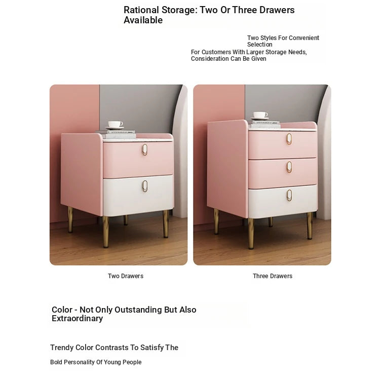 Stylish Pink and Cream Nightstand with Sintered Stone Top and Faux Leather Accents - Modern Bedroom Storage Solution hjd-3145