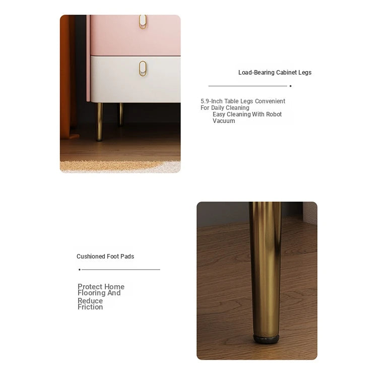 Stylish Pink and Cream Nightstand with Sintered Stone Top and Faux Leather Accents - Modern Bedroom Storage Solution hjd-3145