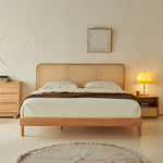 Natural Ash and Pine Wood Bed with Rattan Accents hjhms-1046
