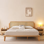 Handcrafted Ash Wood Bed with Elegant Rattan Headboard - Natural Finish hjhms-1562