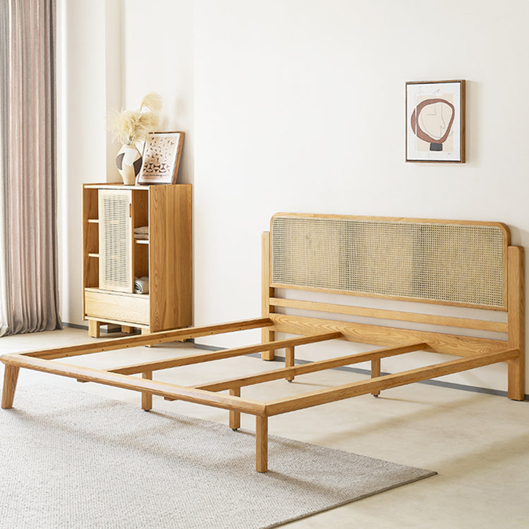 Handcrafted Ash Wood Bed with Elegant Rattan Headboard - Natural Finish hjhms-1562