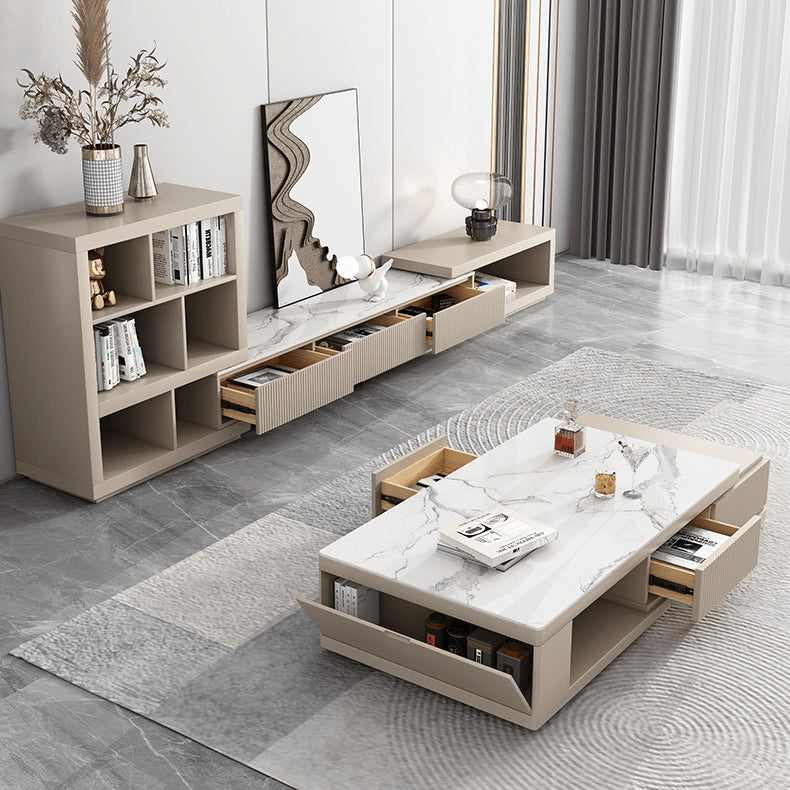 Sleek White Khaki Tea Table with Sintered Stone Top and Pine Wood Base hjl-1179