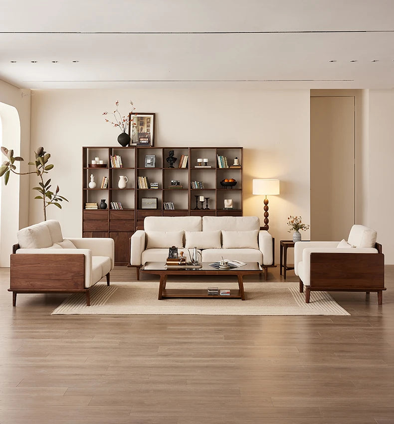 Stylish Black Walnut Wood Sofa with Pearl Cotton and Down Cotton-Ramie Upholstery - Perfect for Modern Living Spaces! hjy-5007