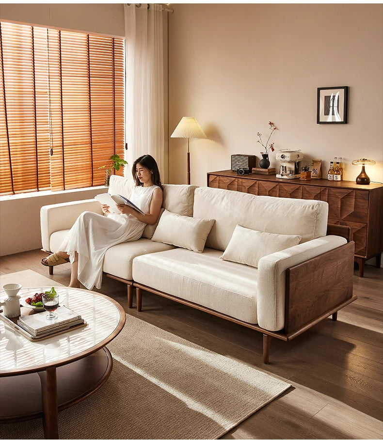 Stylish Black Walnut Wood Sofa with Pearl Cotton and Down Cotton-Ramie Upholstery - Perfect for Modern Living Spaces! hjy-5007