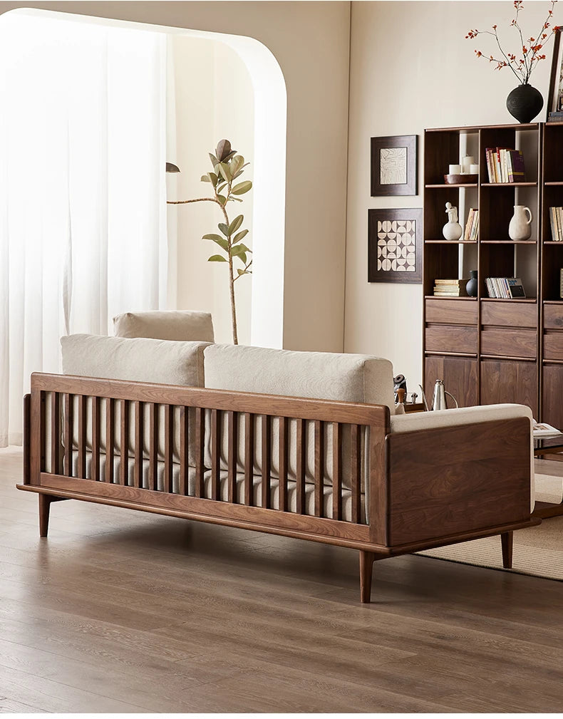 Stylish Black Walnut Wood Sofa with Pearl Cotton and Down Cotton-Ramie Upholstery - Perfect for Modern Living Spaces! hjy-5007