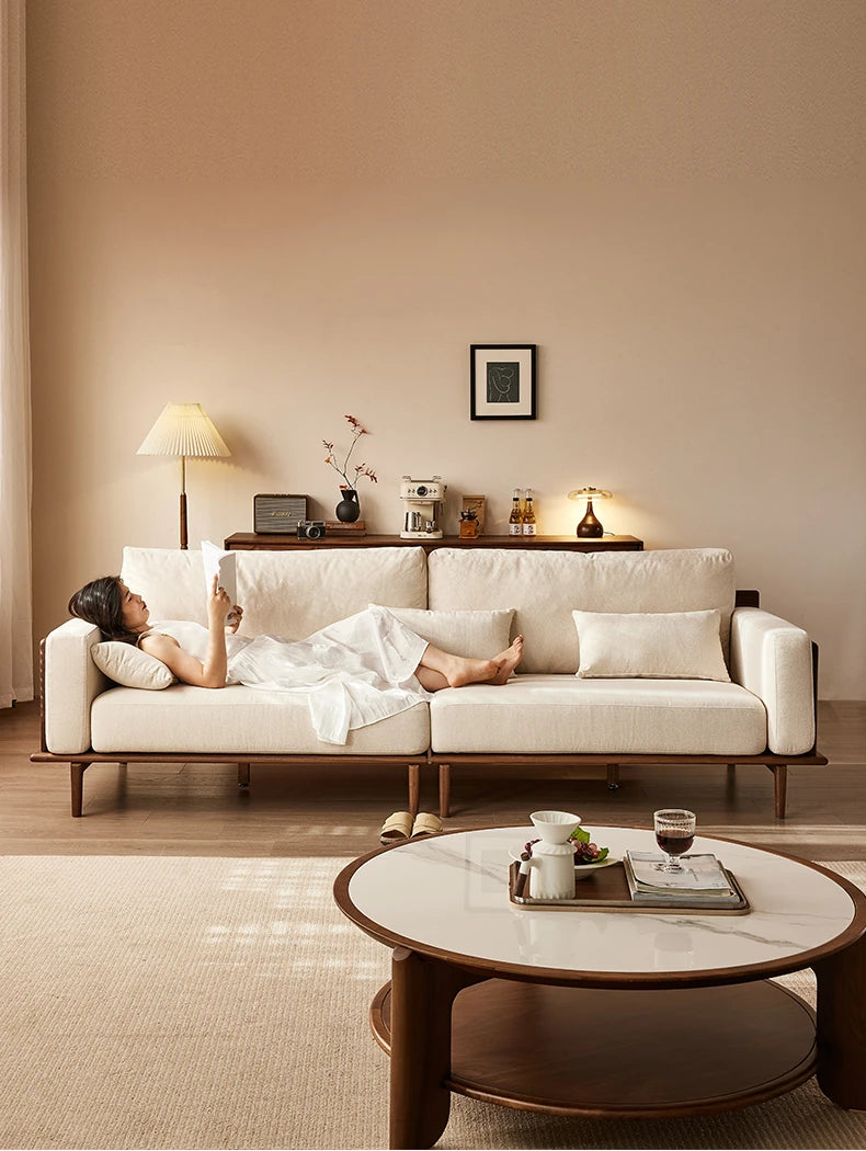 Stylish Black Walnut Wood Sofa with Pearl Cotton and Down Cotton-Ramie Upholstery - Perfect for Modern Living Spaces! hjy-5007