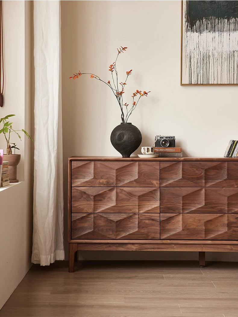 Stylish Black Walnut Wood Cabinet with Modern Geometric Design – Perfect for Home Décor and Storage hjy-5010