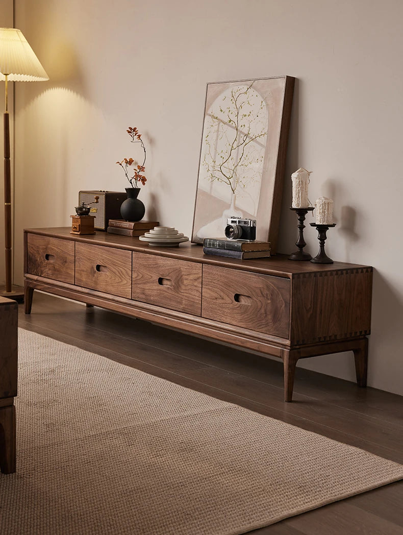 Elegant Black Walnut TV Cabinet - Modern Solid Wood Entertainment Center with Storage Drawers hjy-5011