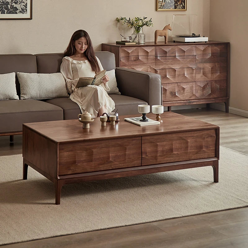 Stylish Black Walnut Wood Tea Table with Drawers – Modern Living Room Furniture hjy-5018