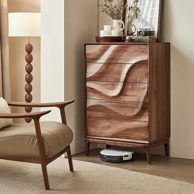 Stylish Black Walnut Wood Cabinet with Wave Design – Modern Storage Solution for Any Room hjy-5019