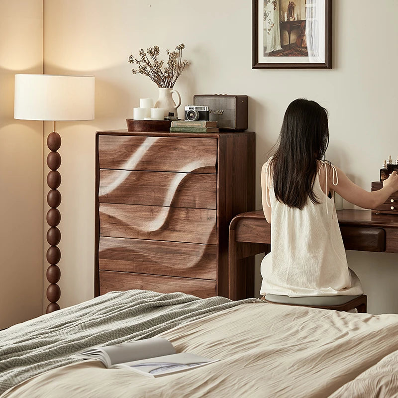 Stylish Black Walnut Wood Cabinet with Wave Design – Modern Storage Solution for Any Room hjy-5019