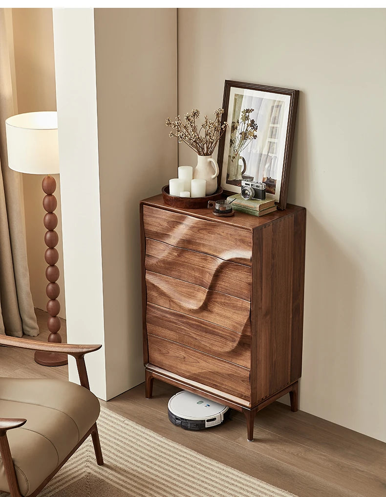 Stylish Black Walnut Wood Cabinet with Wave Design – Modern Storage Solution for Any Room hjy-5019