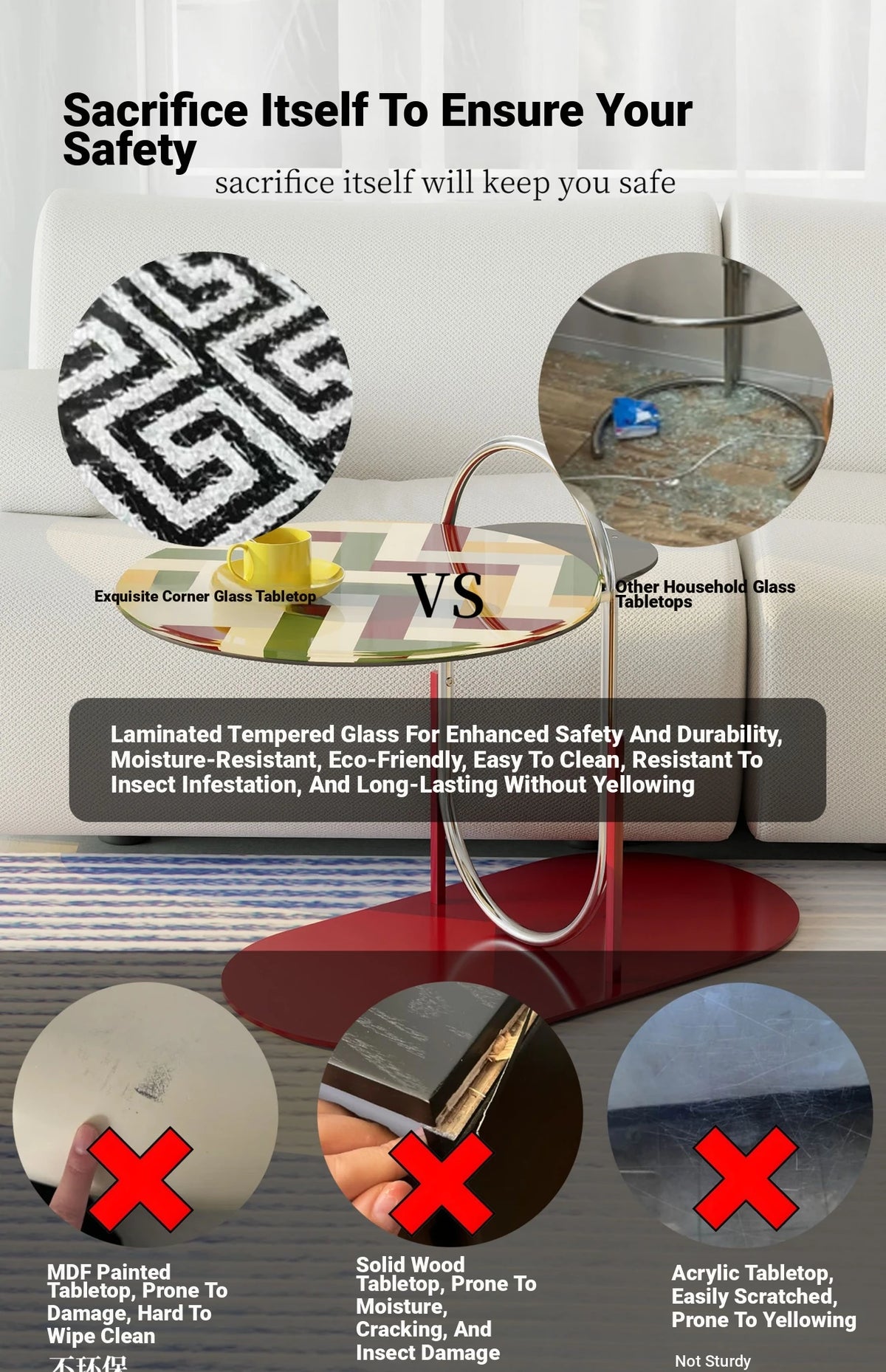 Stylish Tempered Glass Tea Table with Colorful Decorative Top - Modern Stainless Steel Design for Living Room and Office hjzjl-5195