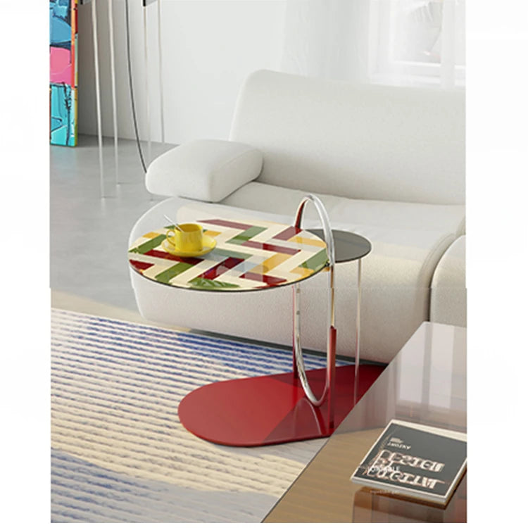 Stylish Tempered Glass Tea Table with Colorful Decorative Top - Modern Stainless Steel Design for Living Room and Office hjzjl-5195