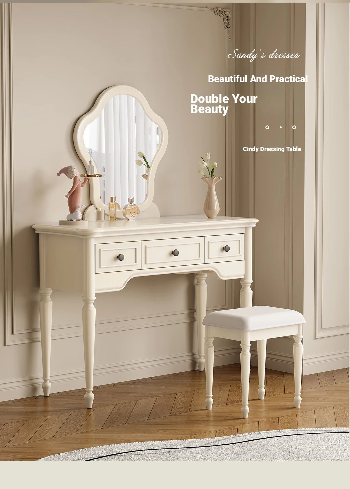 Elegant Cherry Wood Makeup Table with Glass Mirror and Comfort Stool - Stylish Vanity Set for Your Bedroom or Dressing Room hl-4888