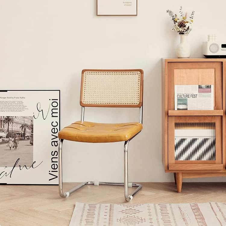 Stylish Cherry Wood and Rattan Chair with Faux Leather Cushion and Stainless Steel Frame hldmz-721