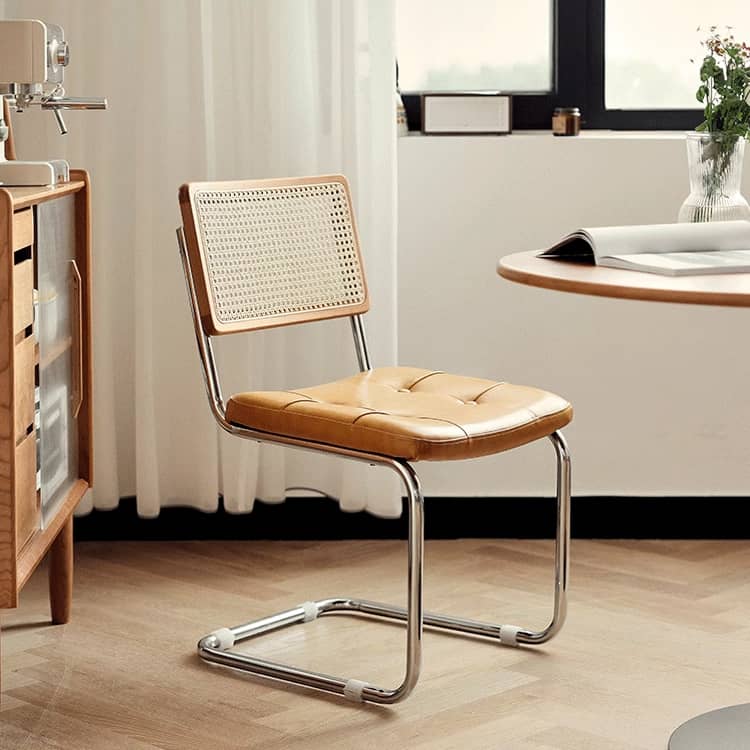 Stylish Cherry Wood and Rattan Chair with Faux Leather Cushion and Stainless Steel Frame hldmz-721