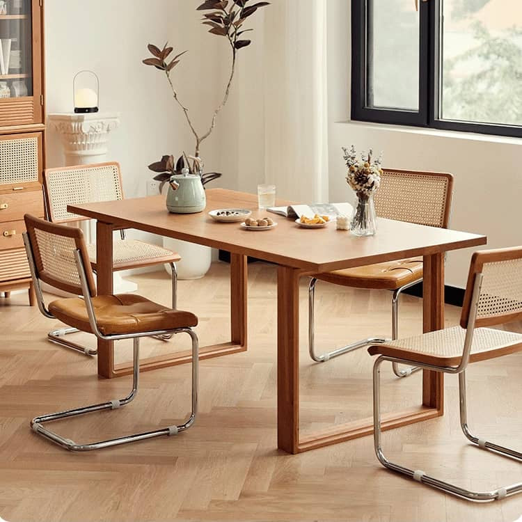 Stylish Cherry Wood and Rattan Chair with Faux Leather Cushion and Stainless Steel Frame hldmz-721