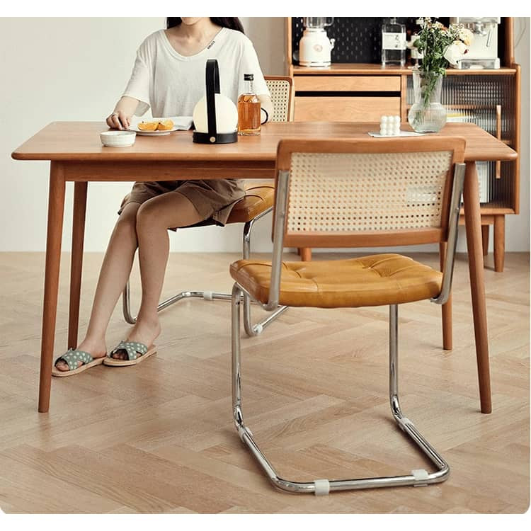 Stylish Cherry Wood and Rattan Chair with Faux Leather Cushion and Stainless Steel Frame hldmz-721