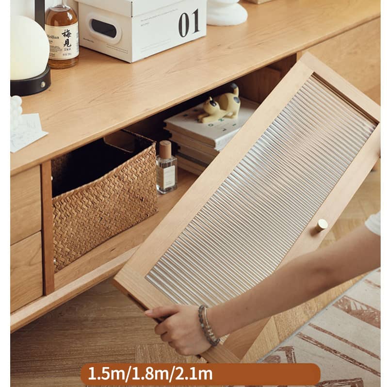 Stylish TV Cabinet - Natural Cherry Wood, Beech, Metal, and Glass Finish hldmz-727